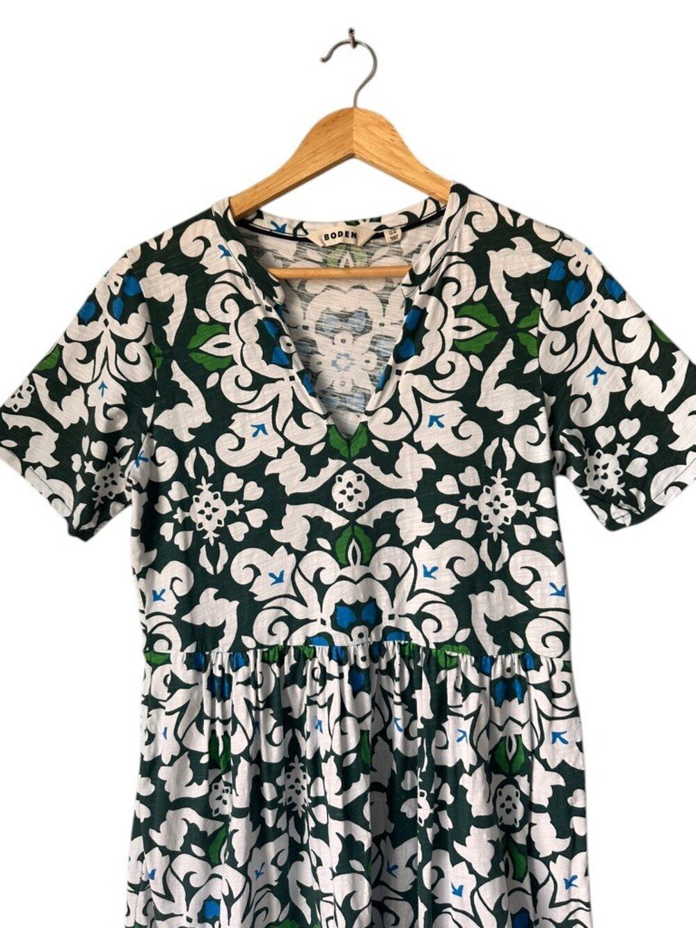 Boden Easy Notch Neck Jersey Dress 100% Cotton, Green and White, 8 - Picture 9 of 15
